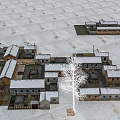 Rural Winter Village Scenery With Snow Covered Rooftops And Bare Tree