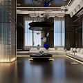 Modern Hotel Lobby With Blue LED Screens Bar Counter High Stools And Ambient Lighting