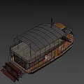 Vintage Double Deck Ship With Canopy Roof Metal Staircase Wooden Railing And Brick Walls