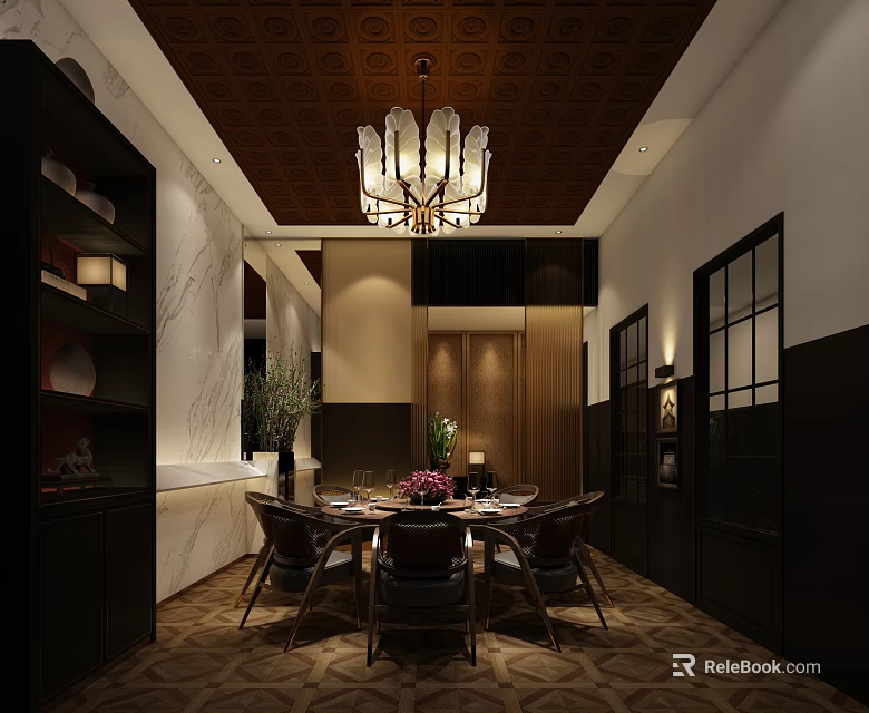 Elegant Private Dining Room Interior With Chandelier Round Table And Decorative Chairs 3d model 