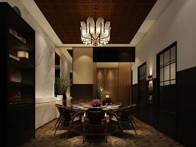 Elegant Private Dining Room Interior With Chandelier Round Table And Decorative Chairs 3d model
