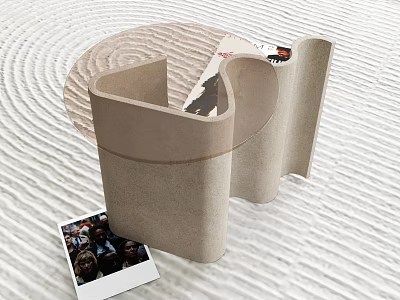 Modern Light Colored Curved Side Table With Photo Card On Wavy Textured Floor 3d model