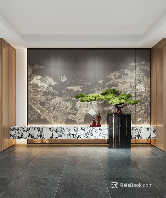 Modern Entryway Design With Dark Backdrop Wall Landscape Painting And Green Pine Bonsai 3d model 