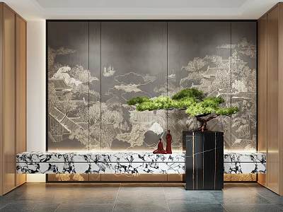Modern Entryway Design With Dark Backdrop Wall Landscape Painting And Green Pine Bonsai 3d model