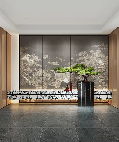Modern Entryway Design With Dark Backdrop Wall Landscape Painting And Green Pine Bonsai 3d model