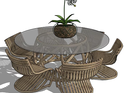 Rattan Table and Chair Set with Round Glass Top and Potted Plant Decoration 3d model