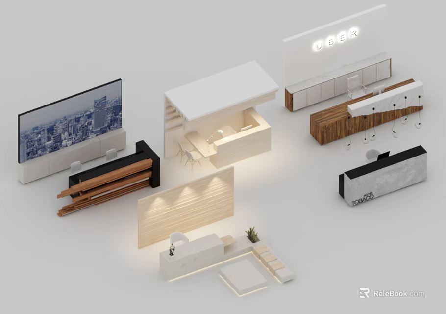 Modern Reception Desk Designs With White Counter Wooden Accents And Illuminated Lighting 3d model 