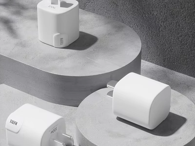 Anker White Compact Modern Minimalist Chargers Placed On Grey Platforms With Grey Background 3d model