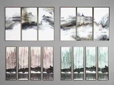 Abstract Ink Wash Landscape Paintings With Multiple Panels And Various Color Tones For Wall Decor 3d model