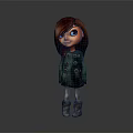 3D Cartoon Character With Long Red Hair Green Coat Yellow Buttons And Gray Boots