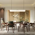 Modern Chinese Restaurant Interior With Wooden Dining Table Chairs Pendant Lights And Flower Bird Painting