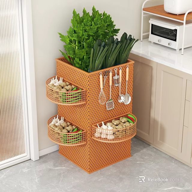 Orange Multi Layer Kitchen Storage Rack With Mesh Baskets For Vegetables And Hanging Utensils 3d model 