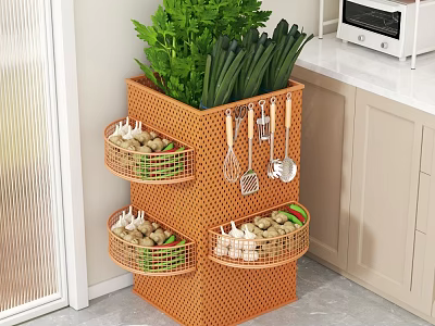 Orange Multi Layer Kitchen Storage Rack With Mesh Baskets For Vegetables And Hanging Utensils 3d model