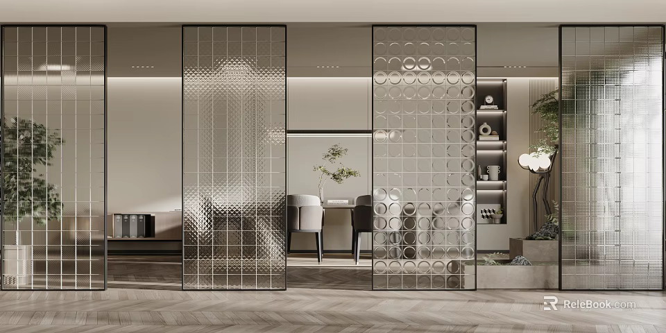Modern Glass Room Divider With Grid And Circular Patterns In Living Dining Interior 3d model 