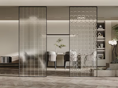 Modern Glass Room Divider With Grid And Circular Patterns In Living Dining Interior 3d model
