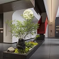Modern Lounge Area Interior Design With Red Accent Wall Blue Lighting And Black Sculpture