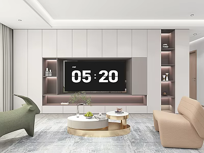 Modern Living Room TV Wall Unit With White Cabinetry Storage Shelves And Green Plant 3d model