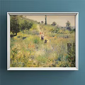 Scenic Landscape Painting Featuring Green Meadow Yellow Flower Field and Distant Cottages Under Blue Sky