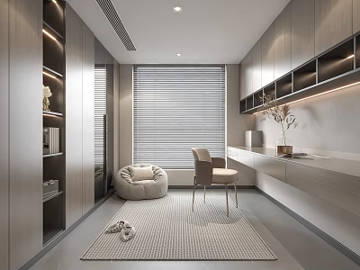 Modern Study Room Interior With Built in Bookshelves Desk Bean Bag Chair And White Blinds 3d model