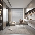 Modern Study Room Interior With Built in Bookshelves Desk Bean Bag Chair And White Blinds