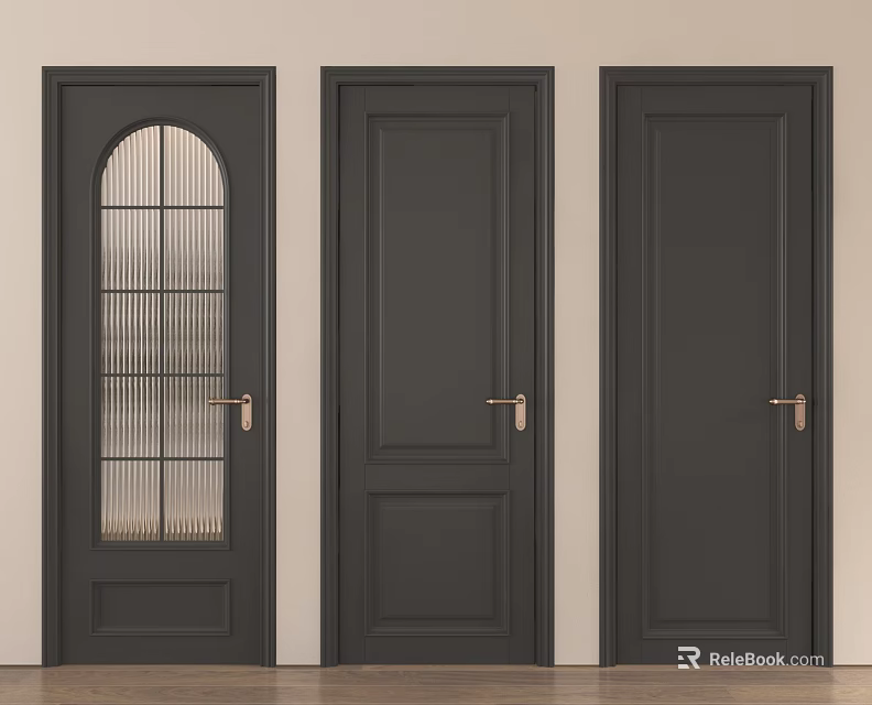 Stylish Dark Gray Hinged Doors with Arched Glass Panel and Paneled Designs Golden Handles 3d model 