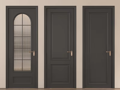 Stylish Dark Gray Hinged Doors with Arched Glass Panel and Paneled Designs Golden Handles 3d model