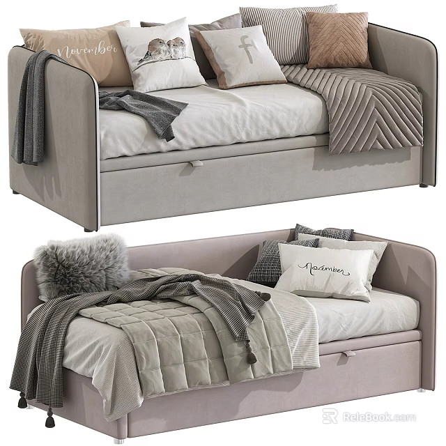 Modern Upholstered Storage Bed With Soft Pillows Warm Blankets And Drawers 3d model 