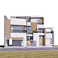 Detached Villa Modern Exterior Design With Balconies Large Windows Mixed Wood And Gray Stone Garage