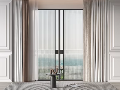 Elegant Layered Curtains In Modern Living Space With Large Windows And Sea View 3d model