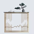 Modern Console Table Interior Decor With Golden Frame Mountain Pattern And Mini Pine Tree 3d model