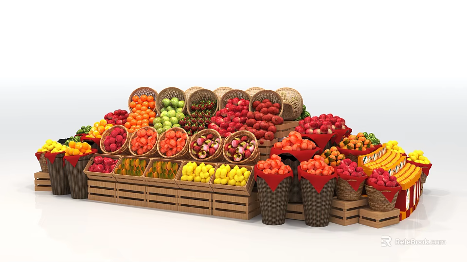 Supermarket Fresh Fruits Display with Various Fruits in Baskets and Wooden Crates Colorful Arrangement 3d model 