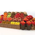 Supermarket Fresh Fruits Display with Various Fruits in Baskets and Wooden Crates Colorful Arrangement