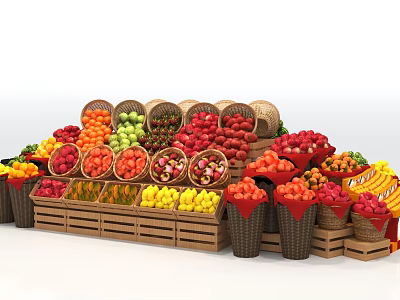 Supermarket Fresh Fruits Display with Various Fruits in Baskets and Wooden Crates Colorful Arrangement 3d model
