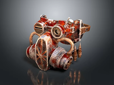Steampunk Vintage Mechanical Headwear Featuring Red Metallic Finish And Gears Pipes Elements 3d model