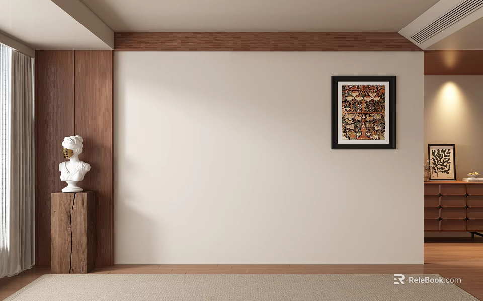 Minimalist Sofa Background Wall Design With Wooden Trim White Surface Framed Painting And Sculpture 3d model 