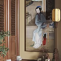 Traditional Chinese Figure Painting Of Female In Blue Robe With Floor Lamp And Green Plant