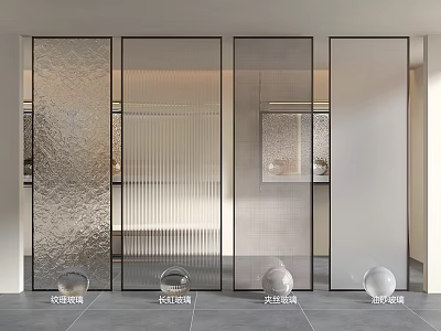 Modern Interior Design With Fluted Wired And Clear Glass Partitions And Decorative Spheres 3d model