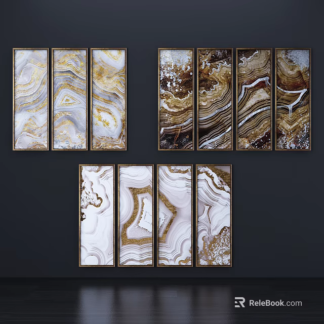 Abstract Paintings With Marble Texture Gold Brown Tones And Black Frames 3d model