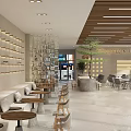 Modern Cafe Interior With Wooden Slat Ceiling Central Tree Tables Chairs And Background Shelves