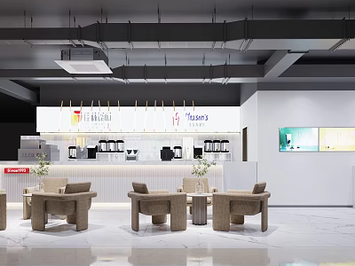 Modern Bubble Tea Shop Interior Design With Counter Seating Brand Signage And Decorative Plants 3d model