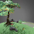 Cartoon Scene With Green Tree Yellow Leaves Grass Rocks Small Pond And Lily Pads