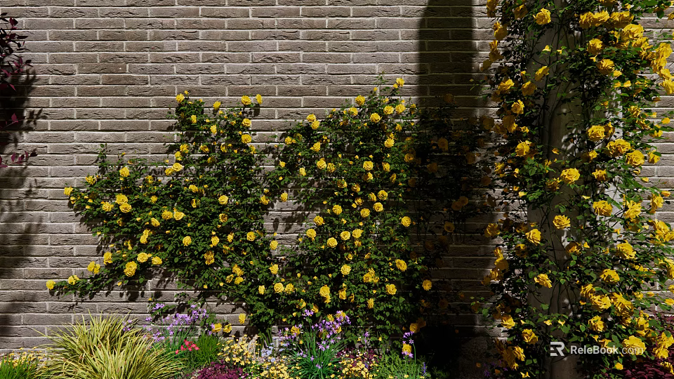 Climbing Yellow Flowers On Brick Wall With Purple Blooms At The Bottom 3d model 