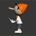 Cute Cartoon Character With Orange Hat Bow Tie White Shirt Blue Shorts Holding White Items