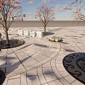Tranquil Square Landscape With Trees Adorned Red Lanterns Circular Tree Pits And Stone Paving 3d model