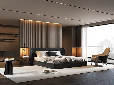 Modern Bedroom Interior Design With Wooden Slat Backdrop And Accent Chair 3d model