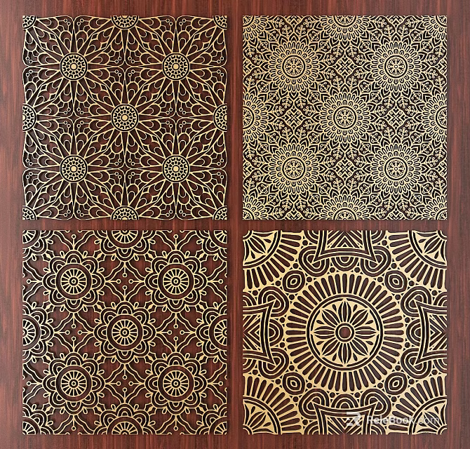 Intricate Carved Decorative Panels On Wooden Background With Golden Floral Patterns 3d model 