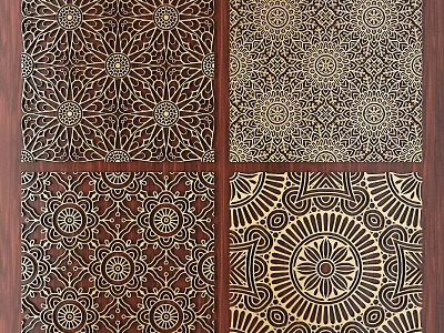 Intricate Carved Decorative Panels On Wooden Background With Golden Floral Patterns 3d model