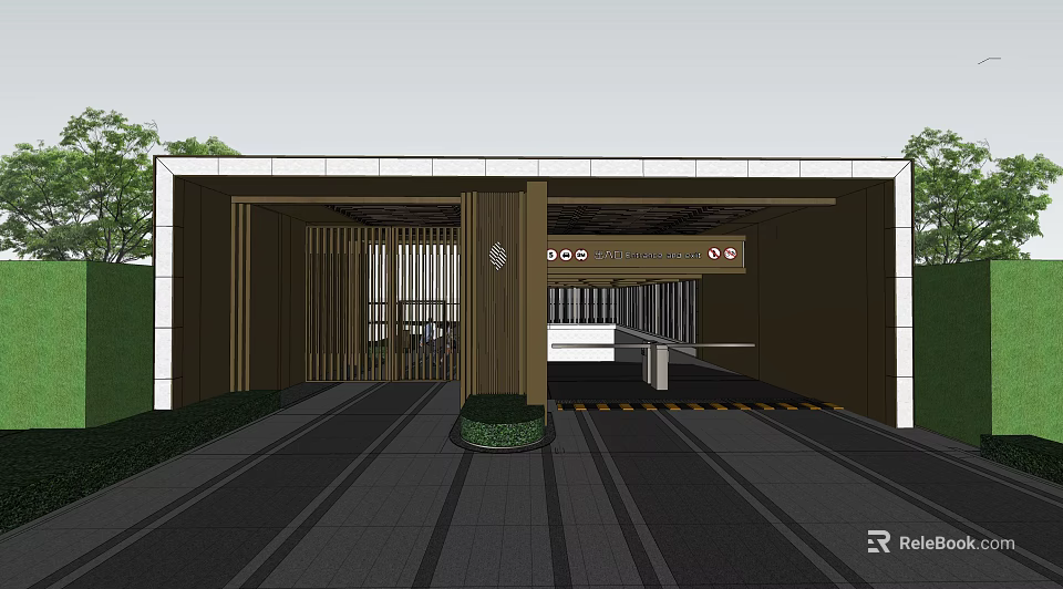 Modern Entrance Gate Design With Metal Grille Structure And Landscaped Driveway 3d model 