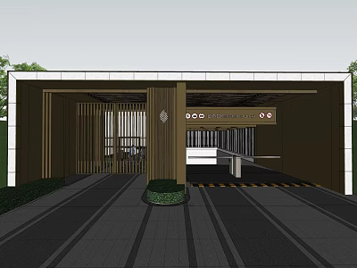 Modern Entrance Gate Design With Metal Grille Structure And Landscaped Driveway 3d model