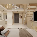 Modern Loft Apartment Interior With Open Space Bed Area Wooden Stairs And Blinds